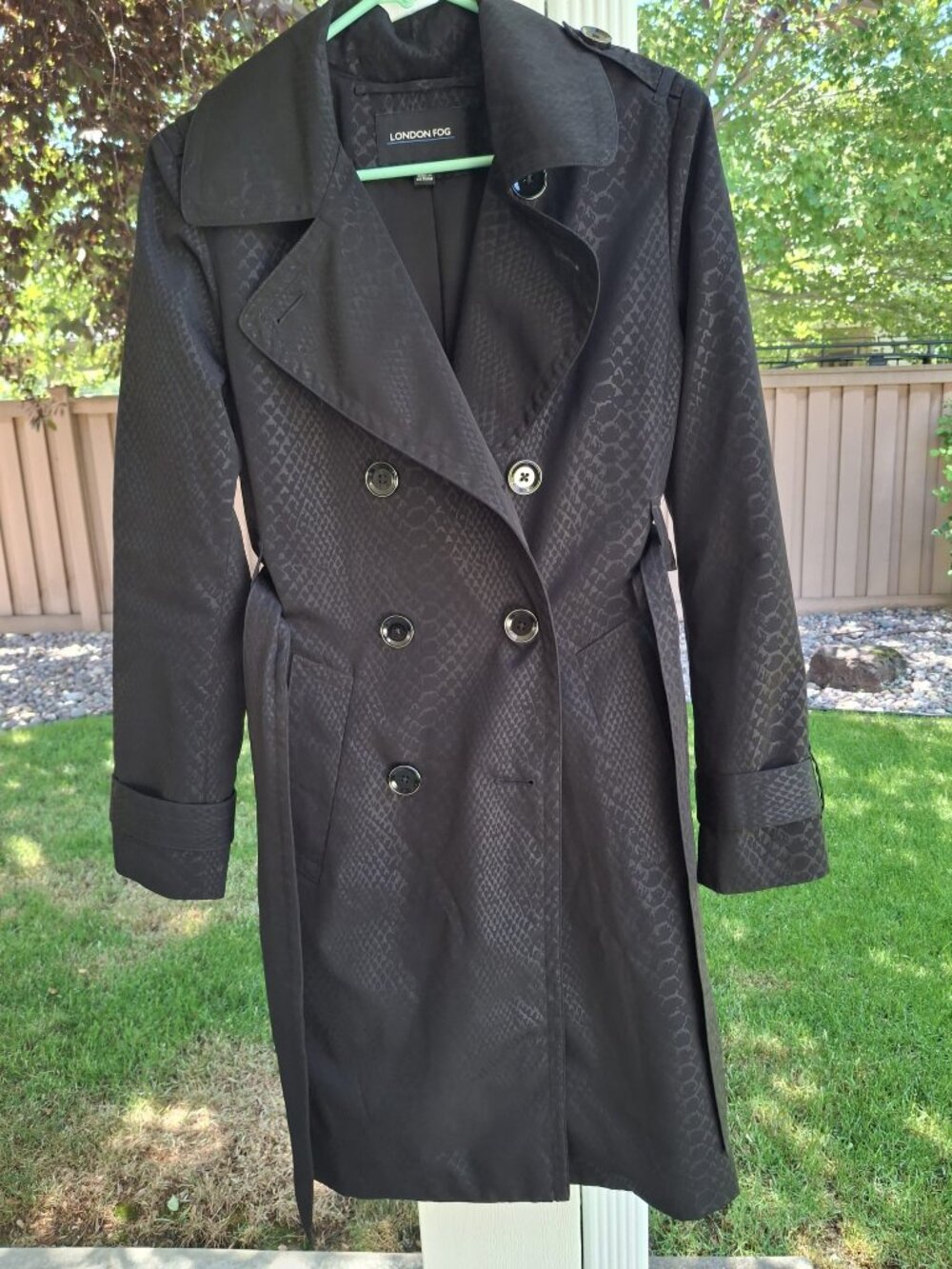 Black Snakeskin Pattern Water Resistant Trench Coat, Buttons with Belted Waist